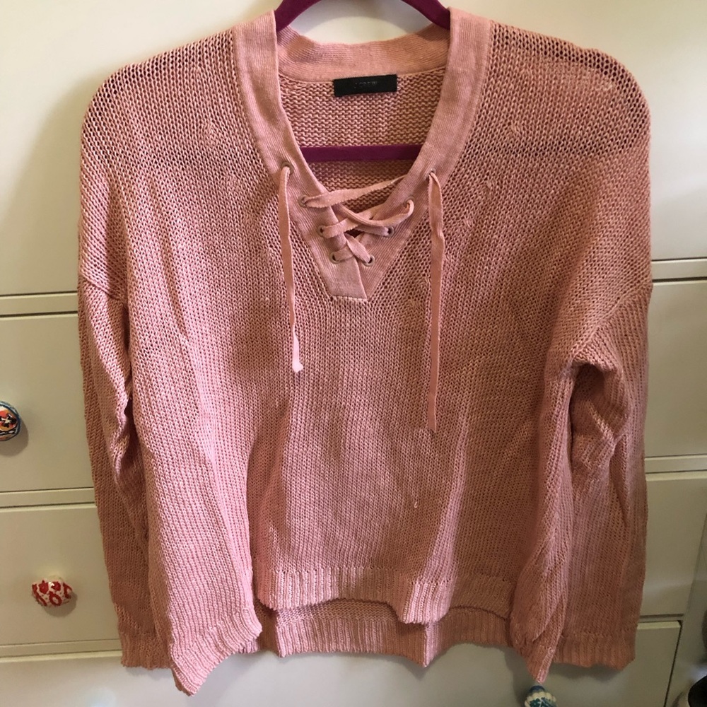 Pink J. Crew linen sweater with tie detail